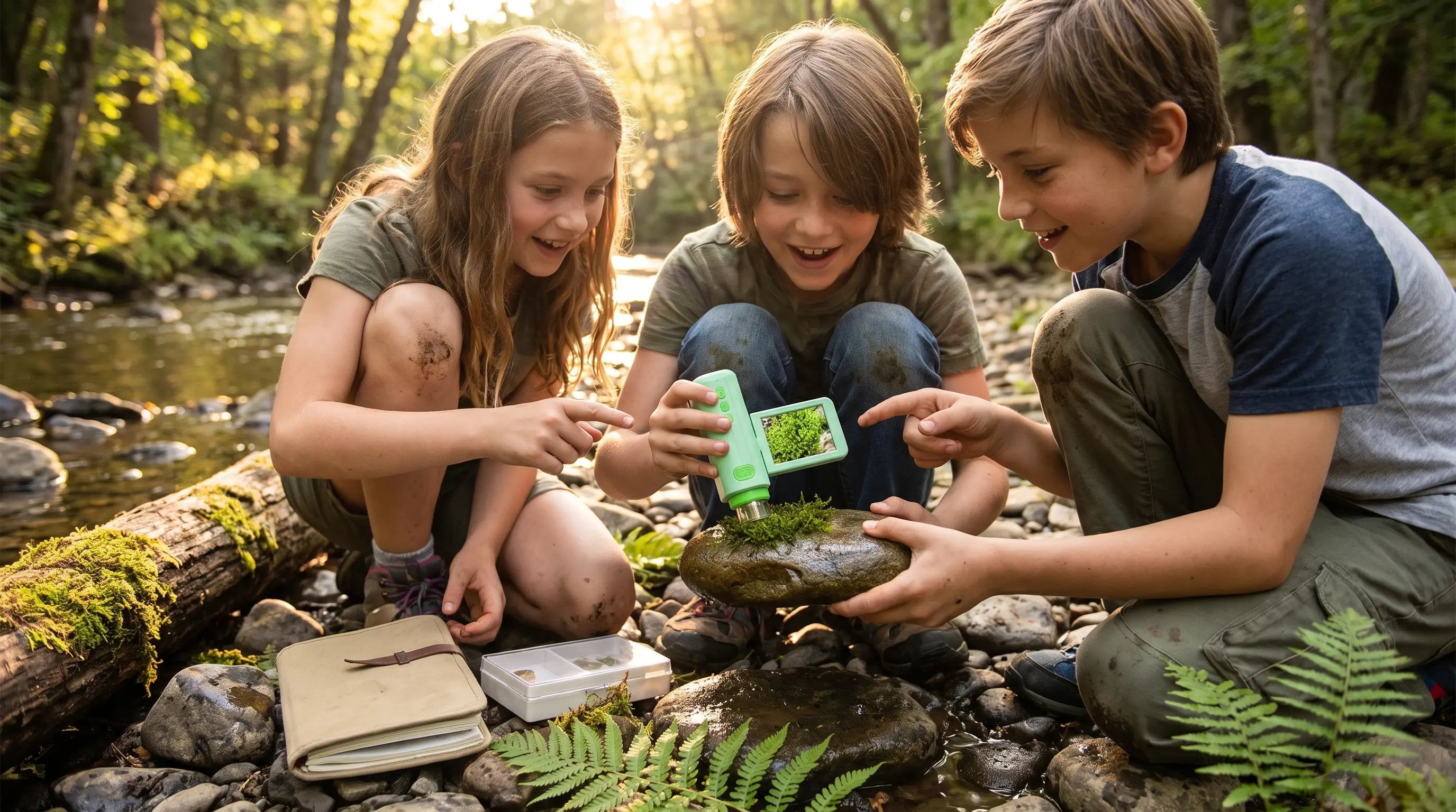Three children using the microscope during a nature-trail adventure