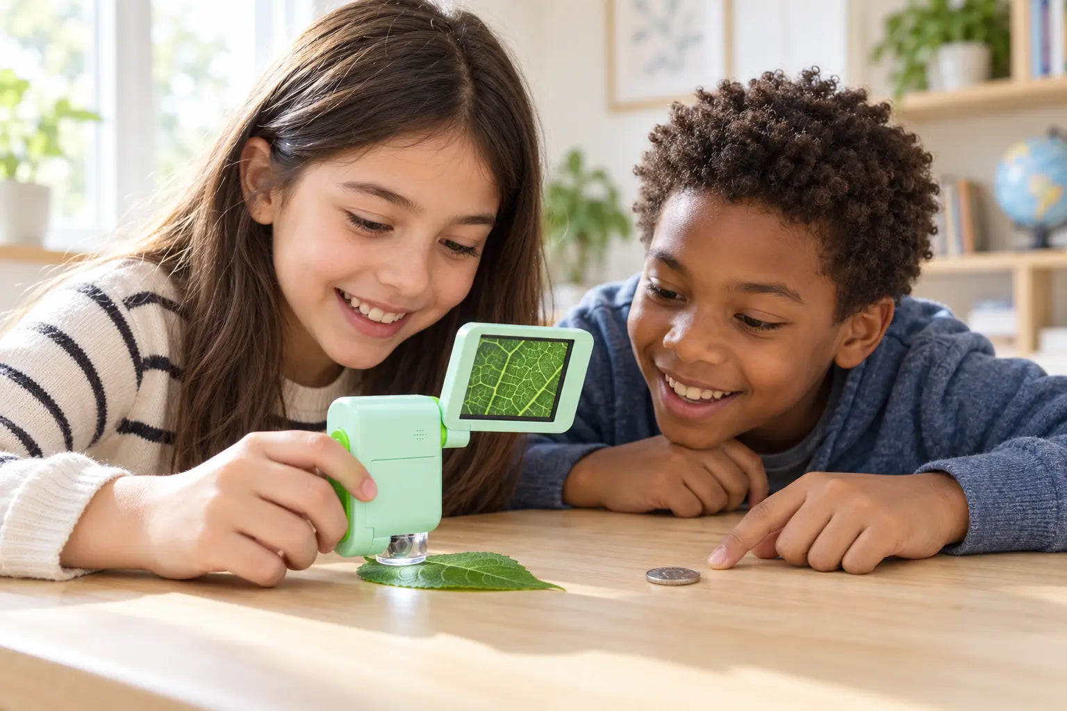 Two children excitedly using the Discovery Microscope