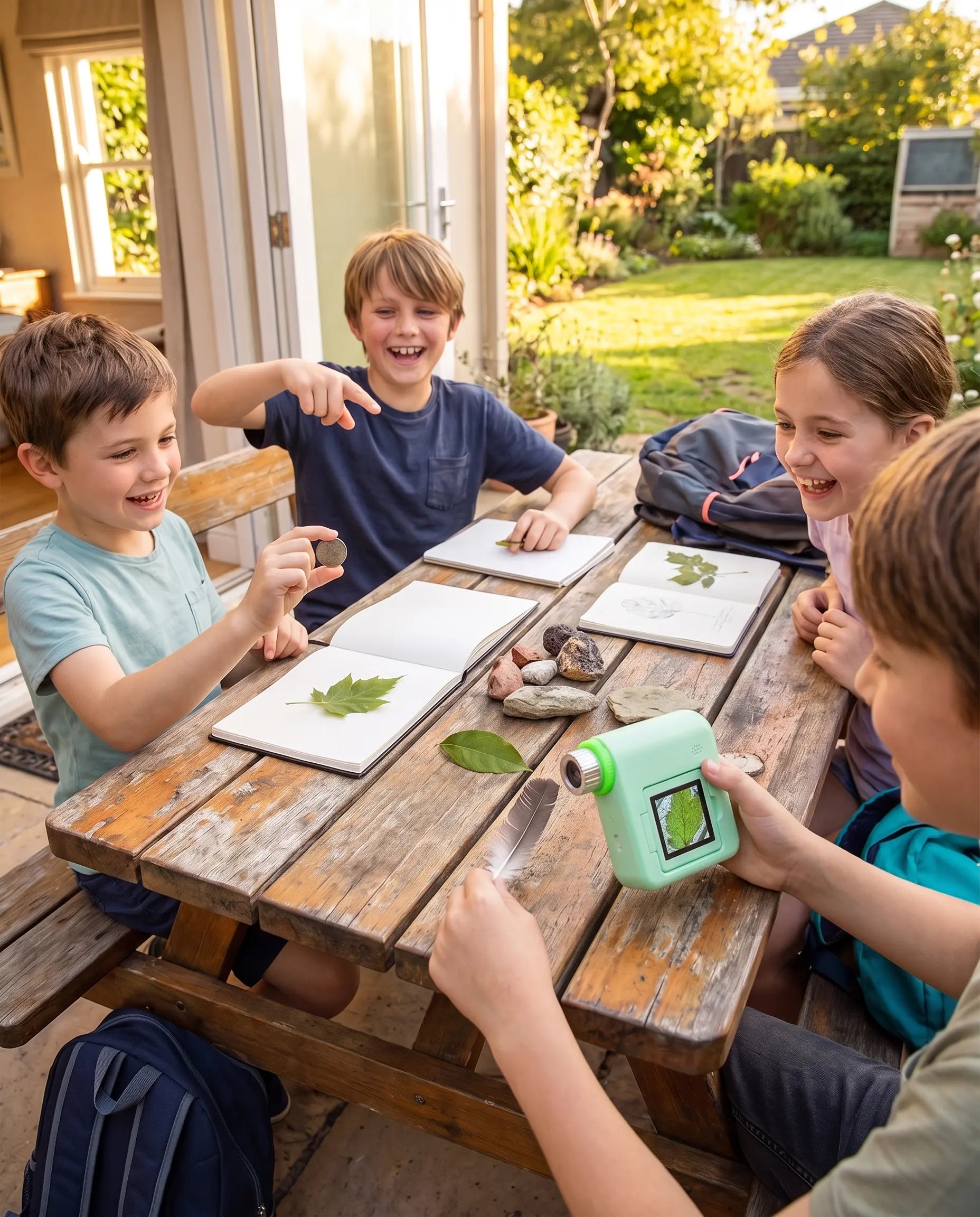 Four friends sharing discoveries with the microscope after school