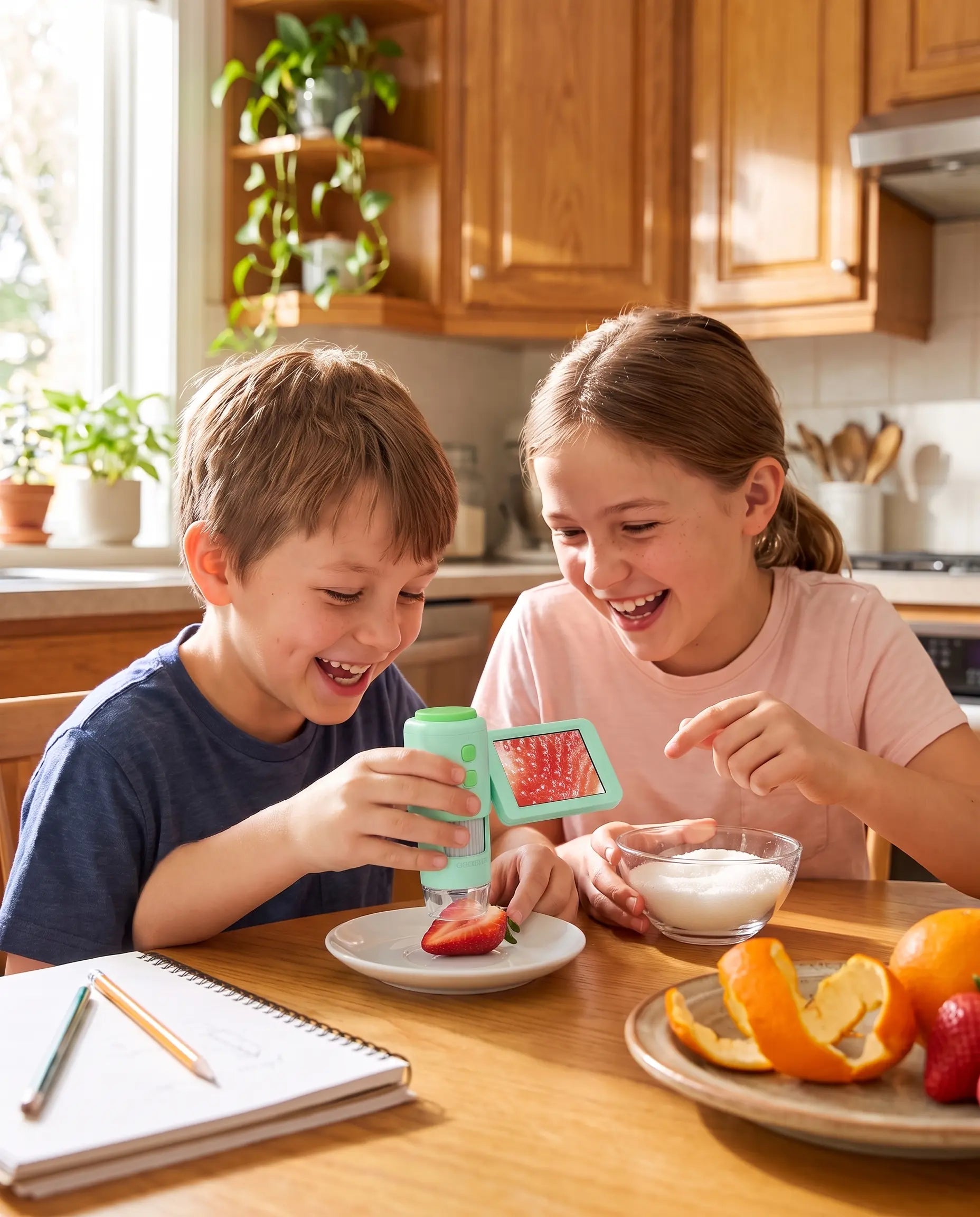 Two siblings using the microscope to examine fruit in the kitchen