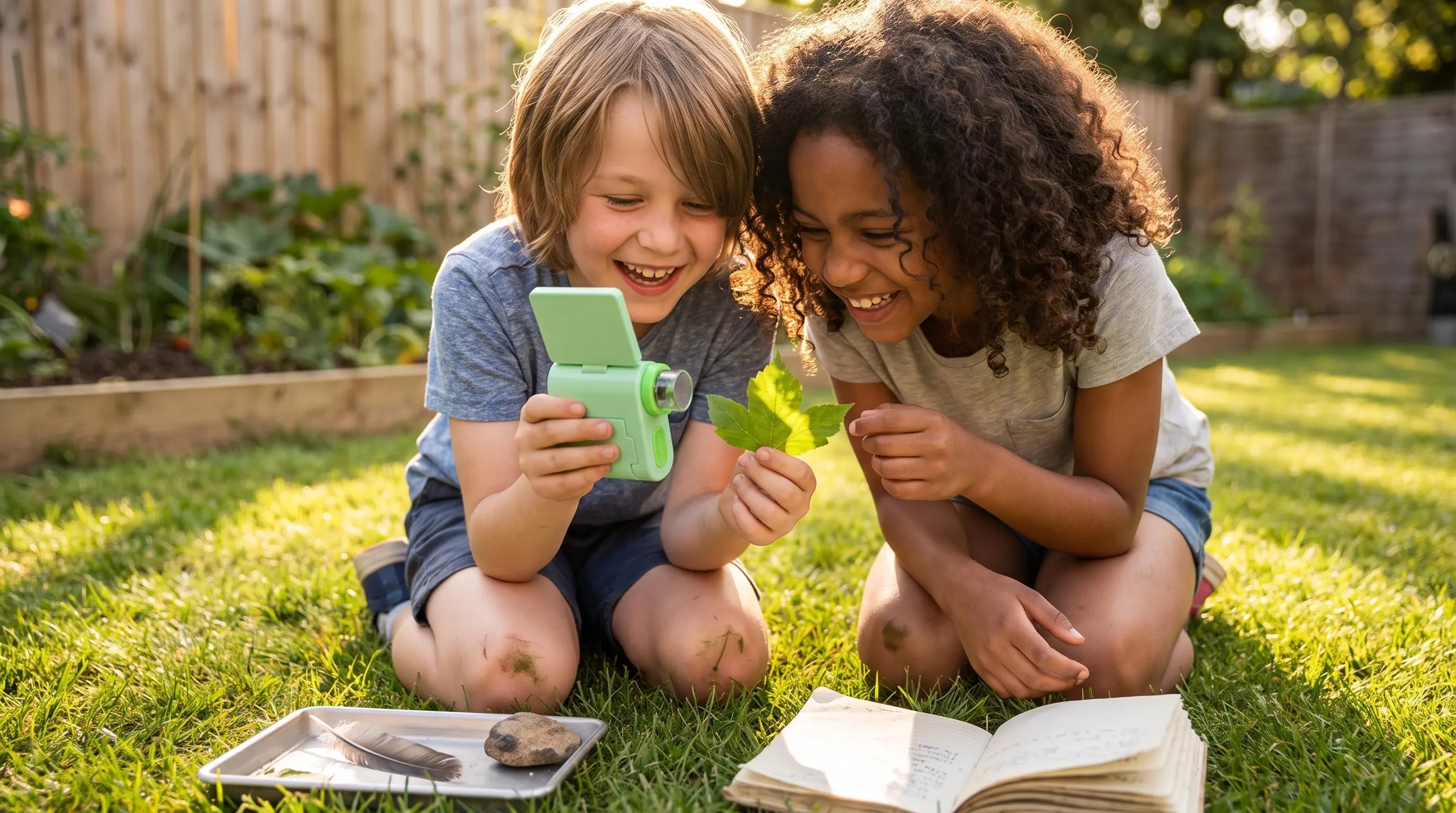 Two smiling children exploring a leaf with the Discovery Microscope outdoors