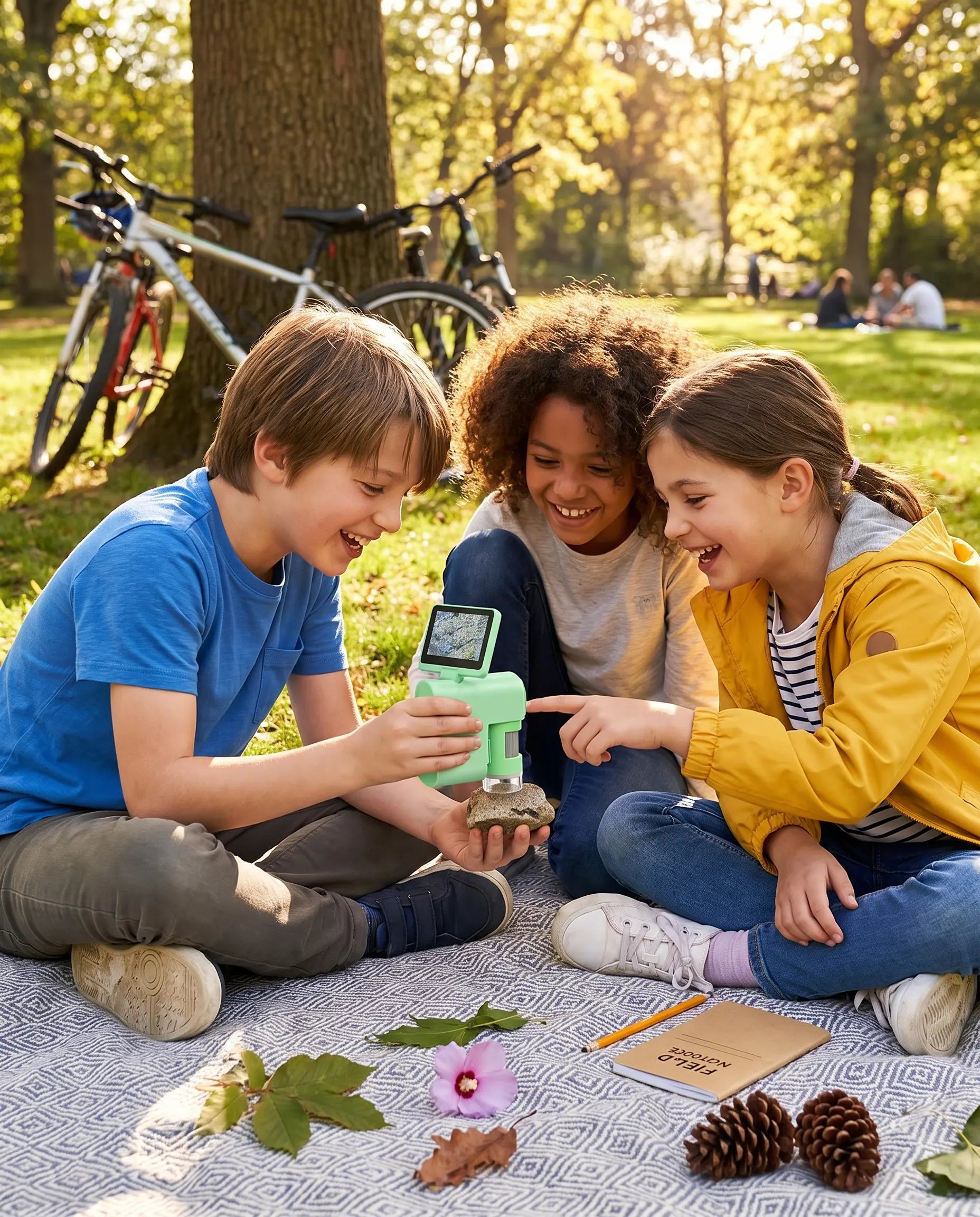 Three friends laughing and using the Discovery Microscope together in a park