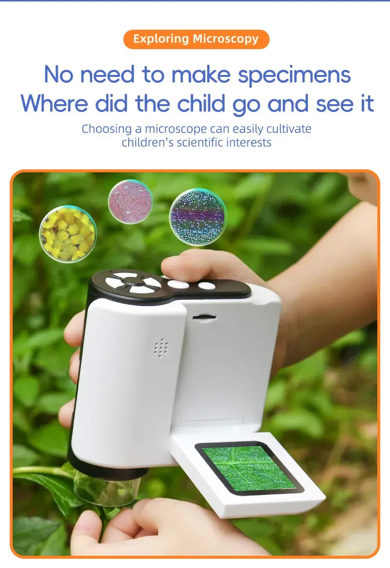 Manufacturer photograph showing the Discovery Microscope being used outdoors