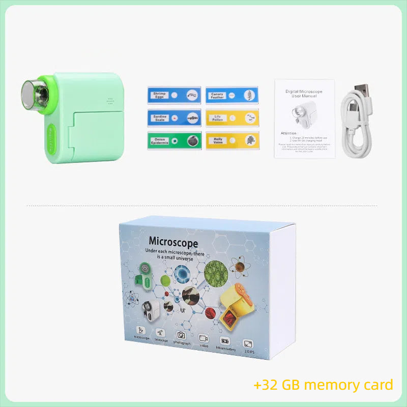 Green handheld digital microscope kit with slides and charging cable