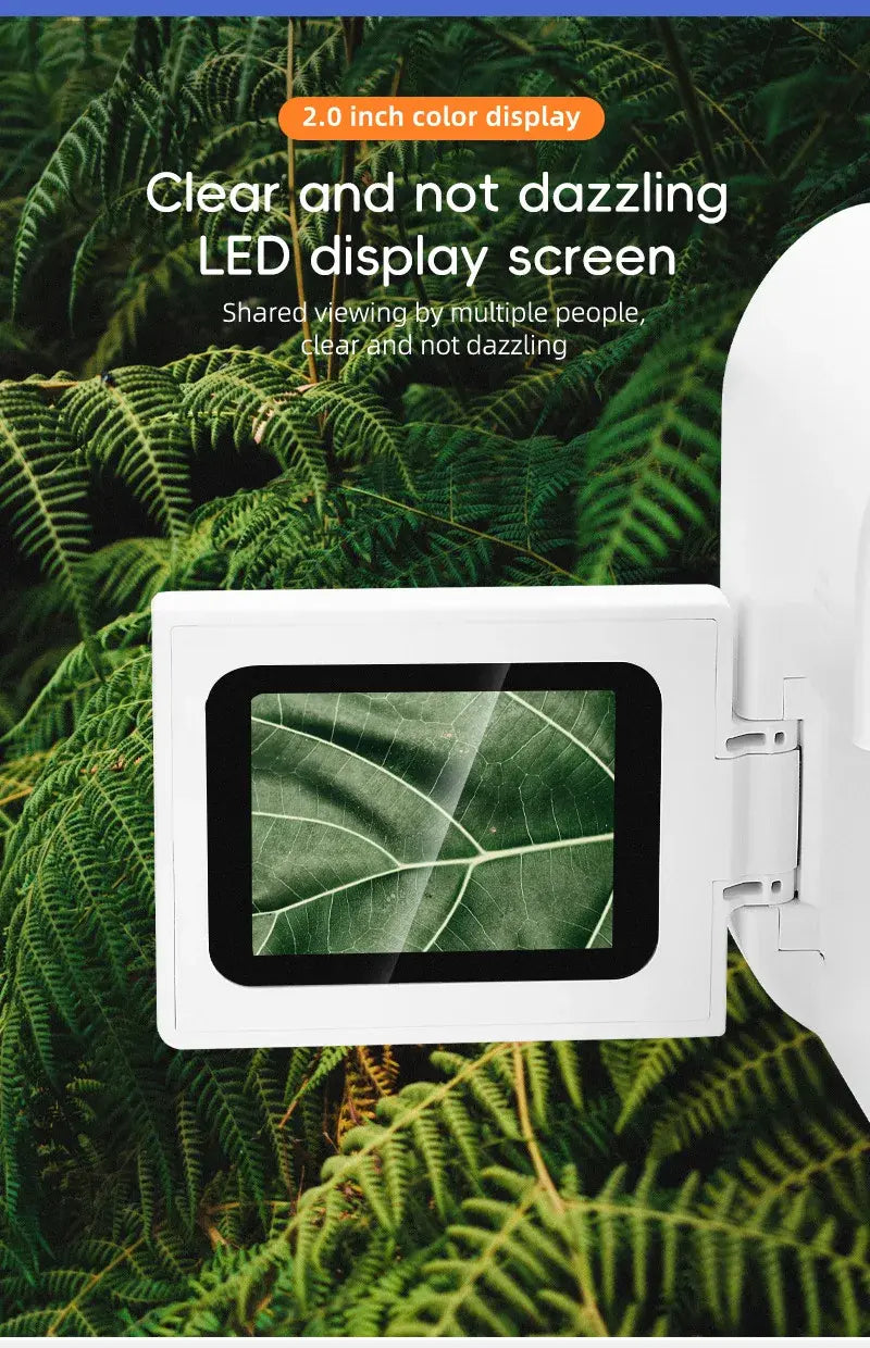 Manufacturer photograph of the two-inch color display showing a leaf